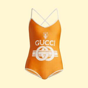 NWT GUCCI Made in Italy One Piece Retro Logo Spell-Out Swimsuit Orange White